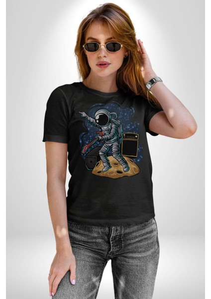 Gitar Astronot Müzik Uzay Kadın Erkek Unisex Siyah Organik Baskılı T-Shirt Penye Yüksek Kalite fiyatları