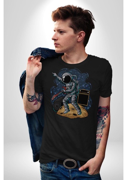 Gitar Astronot Müzik Uzay Kadın Erkek Unisex Siyah Organik Baskılı T-Shirt Penye Yüksek Kalite indirimleri