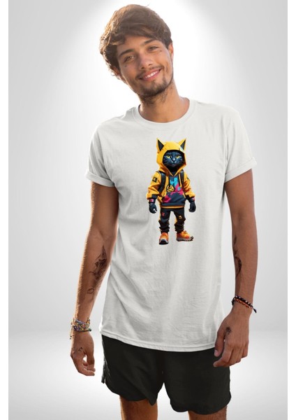 Spor Eşofman Takımı Sarı Kedi Insan Kadın Erkek Unisex Beyaz Organik Baskılı T-Shirt Penye Yüksek Kalite indirimleri