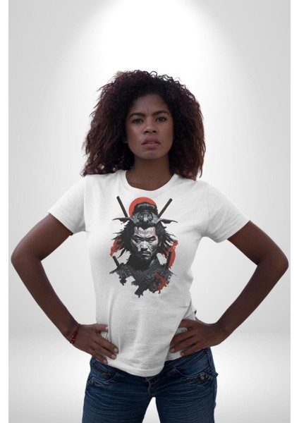 Asyalı Japon Samuray Savaşcı Kadın Erkek Unisex Beyaz Organik Baskılı T-Shirt Penye Yüksek Kalite