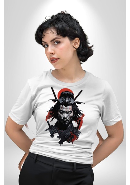 Asyalı Japon Samuray Savaşcı Kadın Erkek Unisex Beyaz Organik Baskılı T-Shirt Penye Yüksek Kalite fiyatları