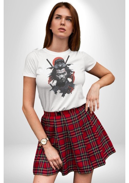 Asyalı Japon Samuray Savaşcı Kadın Erkek Unisex Beyaz Organik Baskılı T-Shirt Penye Yüksek Kalite modelleri