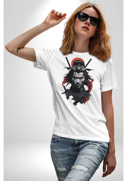 Asyalı Japon Samuray Savaşcı Kadın Erkek Unisex Beyaz Organik Baskılı T-Shirt Penye Yüksek Kalite fırsatları