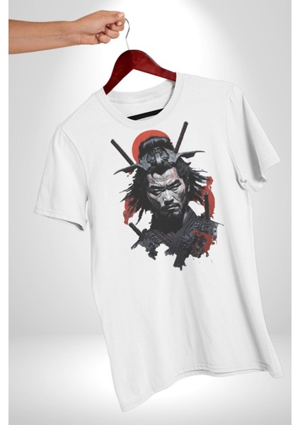 Asyalı Japon Samuray Savaşcı Kadın Erkek Unisex Beyaz Organik Baskılı T-Shirt Penye Yüksek Kalite indirimleri