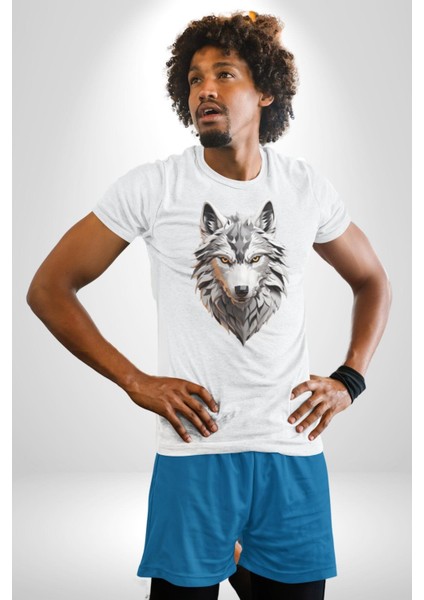 Beyaz Kurt Kafası Kadın Erkek Unisex Beyaz Organik Baskılı T-Shirt Penye Yüksek Kalite