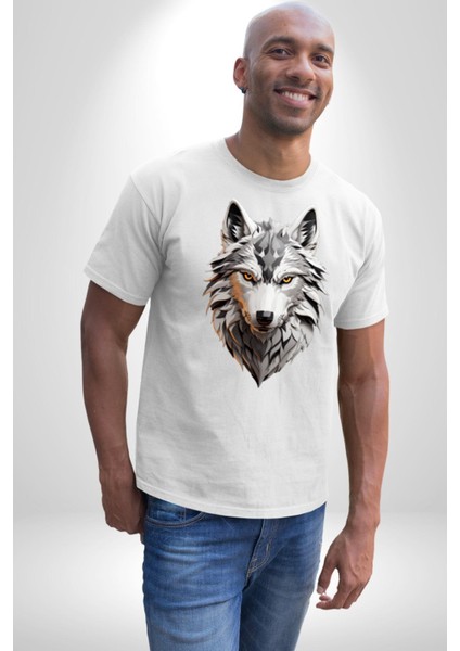 Beyaz Kurt Kafası Kadın Erkek Unisex Beyaz Organik Baskılı T-Shirt Penye Yüksek Kalite indirimleri