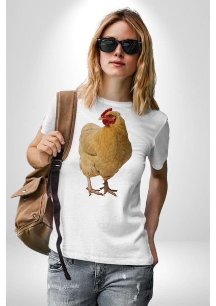 Tavuk Kadın Erkek Unisex Beyaz Organik Baskılı T-Shirt Penye Yüksek Kalite