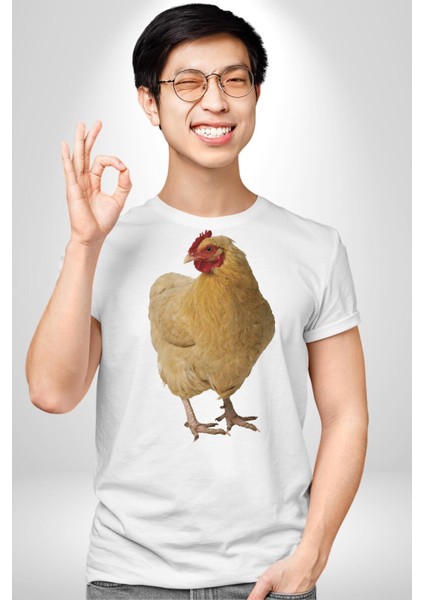 Tavuk Kadın Erkek Unisex Beyaz Organik Baskılı T-Shirt Penye Yüksek Kalite fırsatları