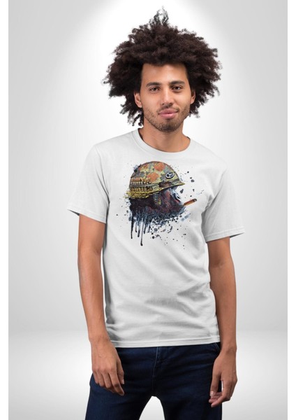 Kasket Miğfer Goril Savaşcı Kadın Erkek Unisex Beyaz Organik Baskılı T-Shirt Penye Yüksek Kalite modelleri