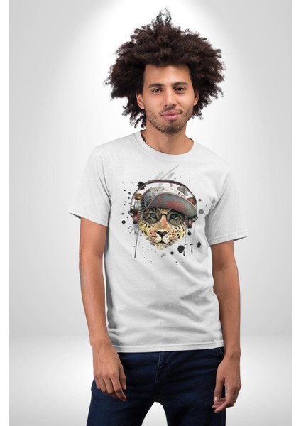 Pop Art Kaplan Müzik Kulaklık Güneş Gözlüğü Kadın Erkek Unisex Beyaz Organik Baskılı T-Shirt Penye Yüksek Kalite