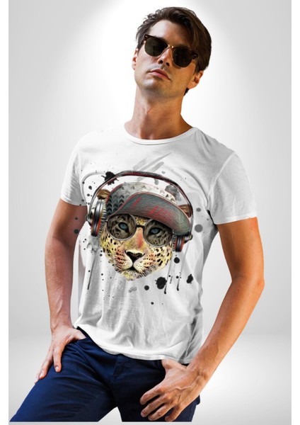 Pop Art Kaplan Müzik Kulaklık Güneş Gözlüğü Kadın Erkek Unisex Beyaz Organik Baskılı T-Shirt Penye Yüksek Kalite fiyatları