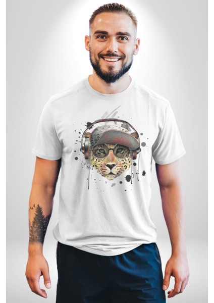 Pop Art Kaplan Müzik Kulaklık Güneş Gözlüğü Kadın Erkek Unisex Beyaz Organik Baskılı T-Shirt Penye Yüksek Kalite modelleri