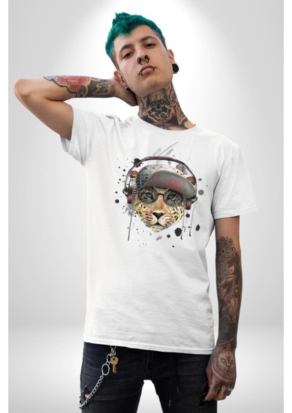 Pop Art Kaplan Müzik Kulaklık Güneş Gözlüğü Kadın Erkek Unisex Beyaz Organik Baskılı T-Shirt Penye Yüksek Kalite fırsatları