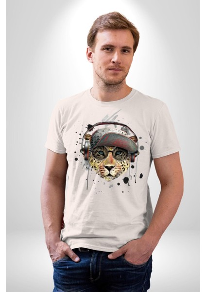 Pop Art Kaplan Müzik Kulaklık Güneş Gözlüğü Kadın Erkek Unisex Beyaz Organik Baskılı T-Shirt Penye Yüksek Kalite indirimleri