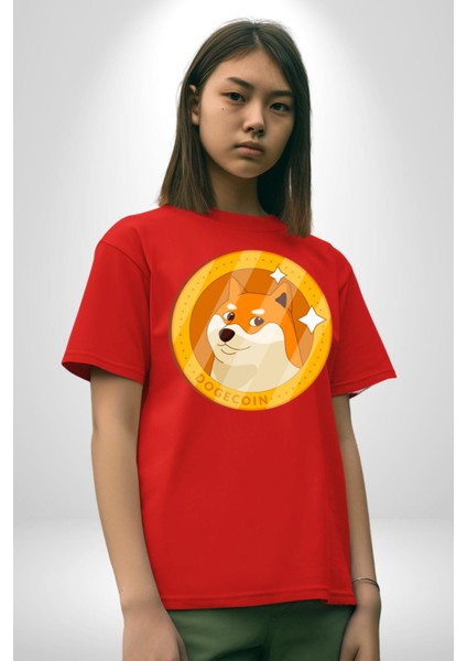 Doge Coin Pamuklu Bisiklet Yaka Kadın Erkek Oversize Boyfriend Dijital Baskılı Kırmızı T-Shirt