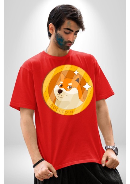 Doge Coin Pamuklu Bisiklet Yaka Kadın Erkek Oversize Boyfriend Dijital Baskılı Kırmızı T-Shirt fiyatları