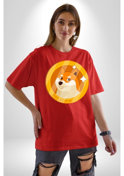 Doge Coin Pamuklu Bisiklet Yaka Kadın Erkek Oversize Boyfriend Dijital Baskılı Kırmızı T-Shirt modelleri