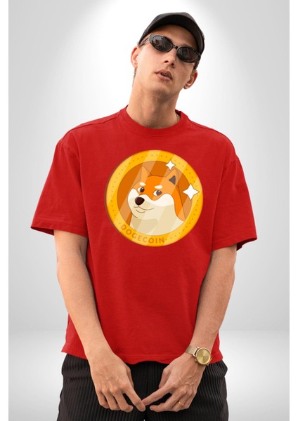 Doge Coin Pamuklu Bisiklet Yaka Kadın Erkek Oversize Boyfriend Dijital Baskılı Kırmızı T-Shirt indirimleri