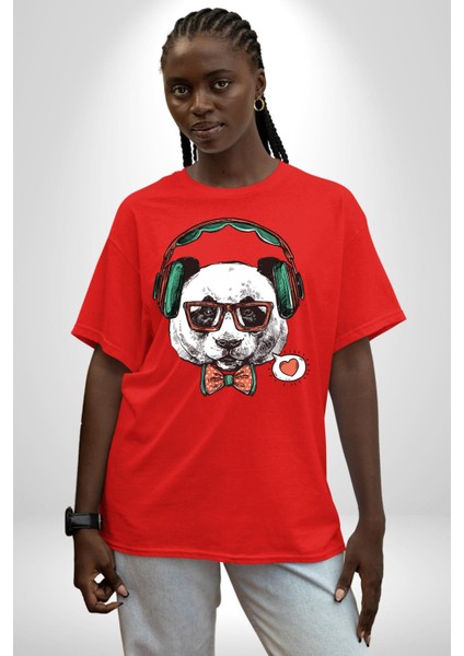 Kulaklıklı Hipster Portre Panda Pamuklu Bisiklet Yaka Kadın Erkek Oversize Boyfriend Dijital Baskılı Kırmızı T-Shirt