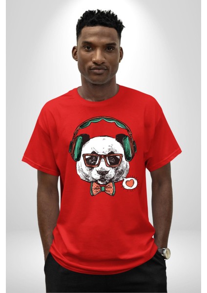 Kulaklıklı Hipster Portre Panda Pamuklu Bisiklet Yaka Kadın Erkek Oversize Boyfriend Dijital Baskılı Kırmızı T-Shirt modelleri
