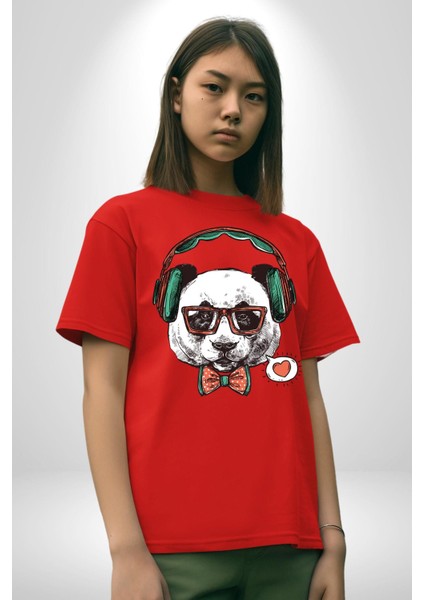 Kulaklıklı Hipster Portre Panda Pamuklu Bisiklet Yaka Kadın Erkek Oversize Boyfriend Dijital Baskılı Kırmızı T-Shirt fırsatları
