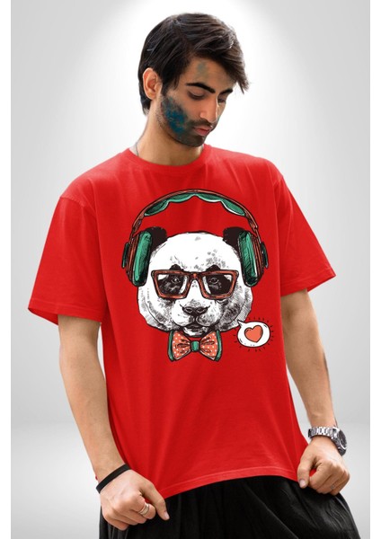 Kulaklıklı Hipster Portre Panda Pamuklu Bisiklet Yaka Kadın Erkek Oversize Boyfriend Dijital Baskılı Kırmızı T-Shirt indirimleri
