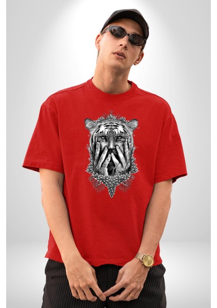 Yarım Insan Yarım Leopar Mutant Leopar Kral Pamuklu Bisiklet Yaka Kadın Erkek Oversize Boyfriend Dijital Baskılı Kırmızı T-Shirt