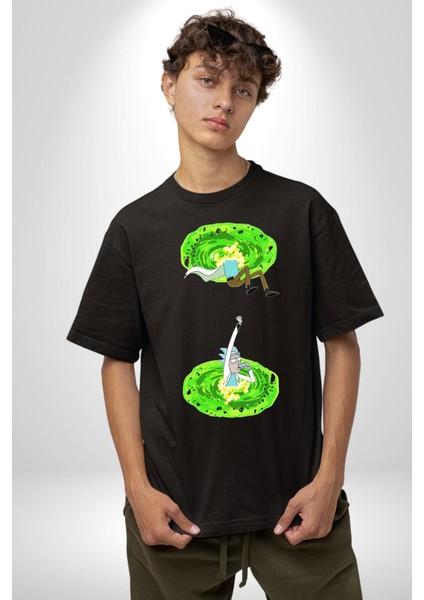 Rick Portal Pamuklu Bisiklet Yaka Kadın Erkek Oversize Boyfriend Dijital Baskılı Siyah T-Shirt