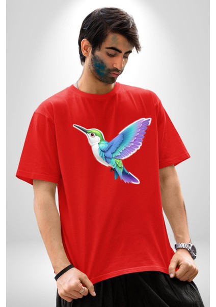 Sinek Kuşu Renkli Pamuklu Bisiklet Yaka Kadın Erkek Oversize Boyfriend Dijital Baskılı Kırmızı T-Shirt