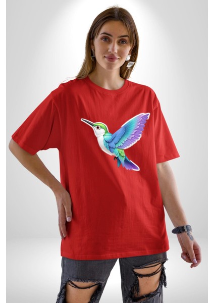 Sinek Kuşu Renkli Pamuklu Bisiklet Yaka Kadın Erkek Oversize Boyfriend Dijital Baskılı Kırmızı T-Shirt fiyatları