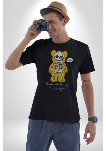 Mutlu Ol Kadın Erkek Unisex Siyah Organik Baskılı T-Shirt Penye Yüksek Kalite