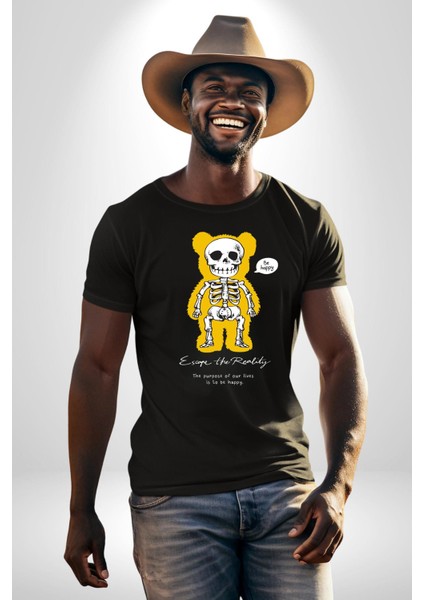 Mutlu Ol Kadın Erkek Unisex Siyah Organik Baskılı T-Shirt Penye Yüksek Kalite fırsatları