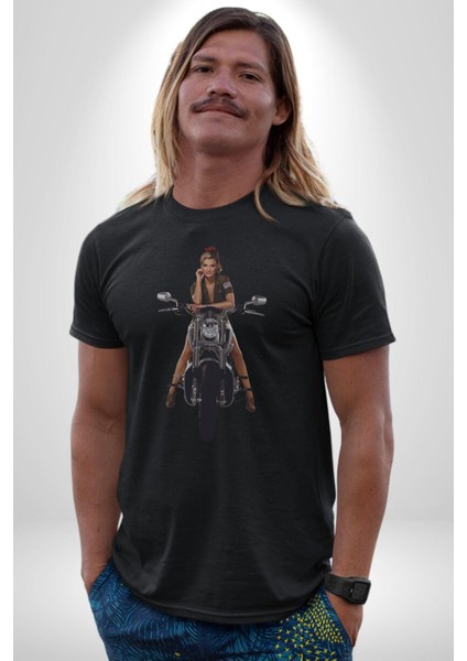 Motosiklet Kadın Kadın Erkek Unisex Siyah Organik Baskılı T-Shirt Penye Yüksek Kalite