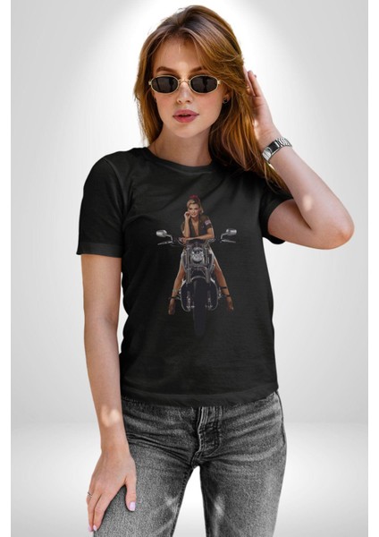 Motosiklet Kadın Kadın Erkek Unisex Siyah Organik Baskılı T-Shirt Penye Yüksek Kalite