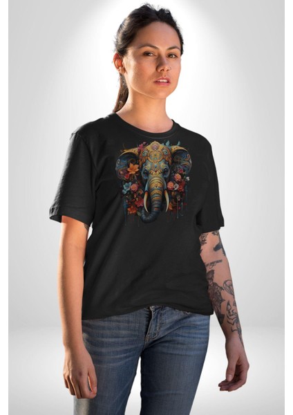 Bereket Fil Hintli Tasarım Kadın Erkek Unisex Siyah Organik Baskılı T-Shirt Penye Yüksek Kalite fiyatları