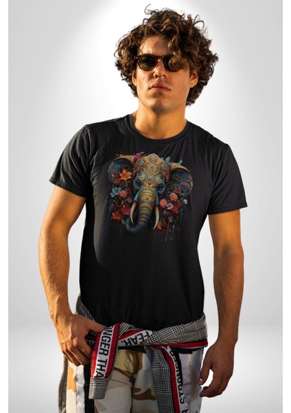 Bereket Fil Hintli Tasarım Kadın Erkek Unisex Siyah Organik Baskılı T-Shirt Penye Yüksek Kalite fırsatları