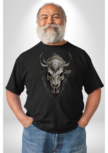Bizon Inek Kafatası Kurumuş Kadın Erkek Unisex Siyah Organik Baskılı T-Shirt Penye Yüksek Kalite