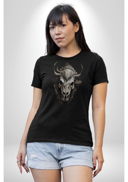 Bizon Inek Kafatası Kurumuş Kadın Erkek Unisex Siyah Organik Baskılı T-Shirt Penye Yüksek Kalite fiyatları