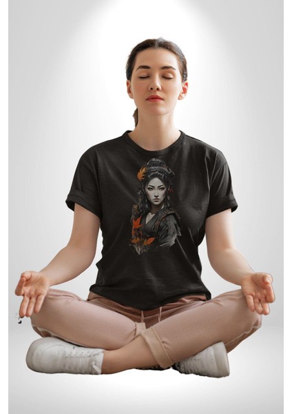 Japon Asyalı Samuray Kadın Kadın Erkek Unisex Siyah Organik Baskılı T-Shirt Penye Yüksek Kalite