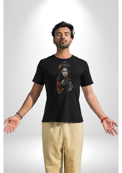 Japon Asyalı Samuray Kadın Kadın Erkek Unisex Siyah Organik Baskılı T-Shirt Penye Yüksek Kalite fiyatları