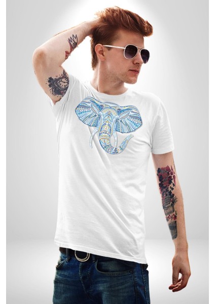 Mandala Renkli Fil Kadın Erkek Unisex Beyaz Organik Baskılı T-Shirt Penye Yüksek Kalite