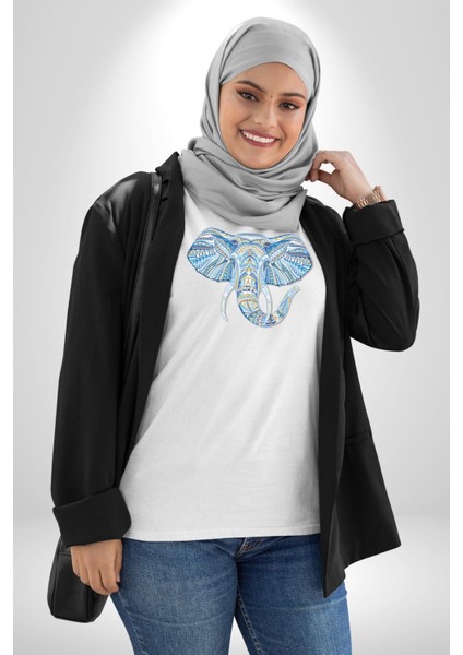 Mandala Renkli Fil Kadın Erkek Unisex Beyaz Organik Baskılı T-Shirt Penye Yüksek Kalite