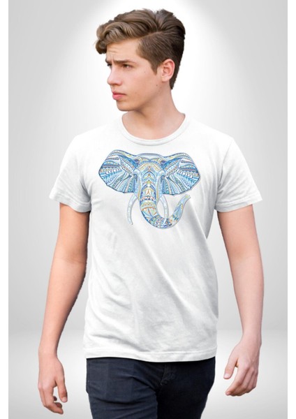 Mandala Renkli Fil Kadın Erkek Unisex Beyaz Organik Baskılı T-Shirt Penye Yüksek Kalite