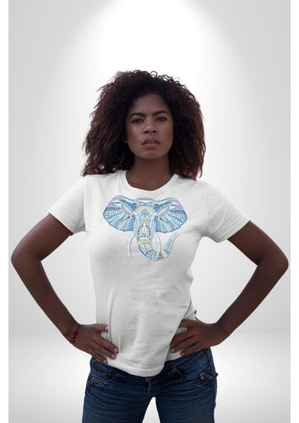 Mandala Renkli Fil Kadın Erkek Unisex Beyaz Organik Baskılı T-Shirt Penye Yüksek Kalite