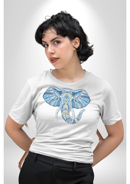 Mandala Renkli Fil Kadın Erkek Unisex Beyaz Organik Baskılı T-Shirt Penye Yüksek Kalite