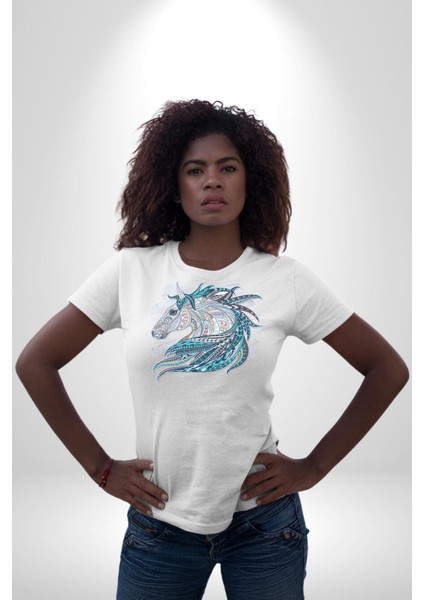 At Mandala Kafası Kadın Erkek Unisex Beyaz Organik Baskılı T-Shirt Penye Yüksek Kalite