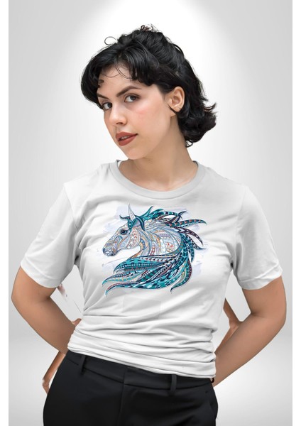 At Mandala Kafası Kadın Erkek Unisex Beyaz Organik Baskılı T-Shirt Penye Yüksek Kalite fiyatları