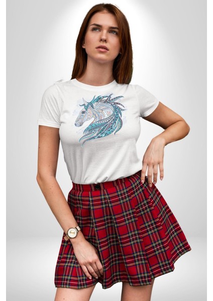 At Mandala Kafası Kadın Erkek Unisex Beyaz Organik Baskılı T-Shirt Penye Yüksek Kalite modelleri