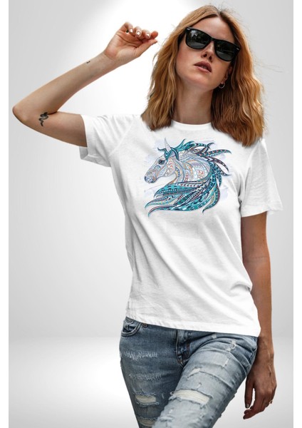 At Mandala Kafası Kadın Erkek Unisex Beyaz Organik Baskılı T-Shirt Penye Yüksek Kalite fırsatları