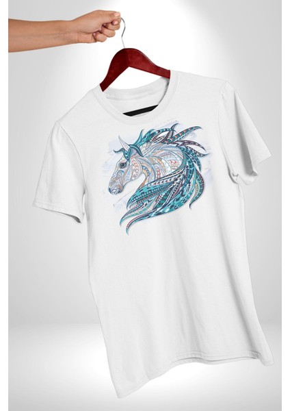 At Mandala Kafası Kadın Erkek Unisex Beyaz Organik Baskılı T-Shirt Penye Yüksek Kalite indirimleri